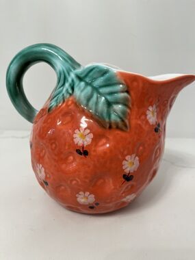 Pitcher Italy Hand-Painted Glazed Ceramic Coral/Green Leaves Cottage Coastal
